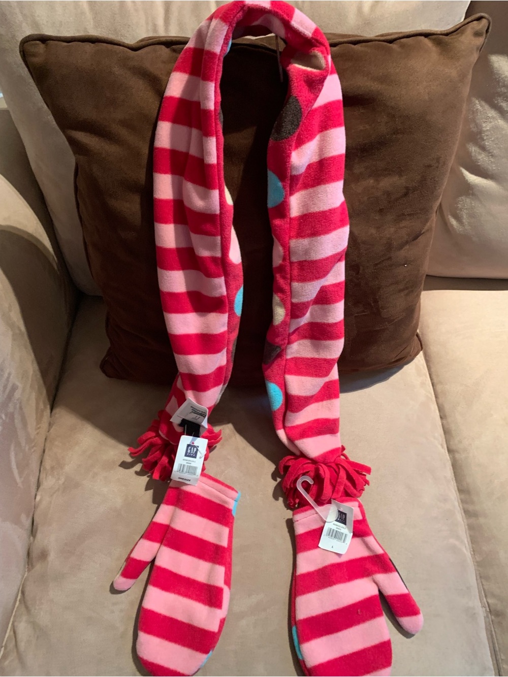 GAP Girls Pink & Hot Pink Striped Fleece Scarf with Mittens and Blue Dot Accents
